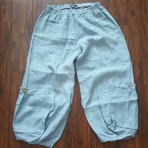 Baby Blue 100% European Linen Lagenlook Lantern Balloon Pants - Picture 1 of 9